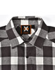 A black and white flannel plaid button-up shirt featuring a collar and a logo on the label.