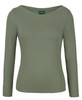A green long-sleeve boat neck tee for women with a fitted style and a logo tag.