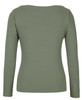 A long-sleeved boat neck tee in olive green, featuring a fitted design and a logo on the back.