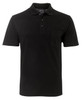A black polo shirt featuring a pocket and a logo on the collar. Short sleeves and a classic design.