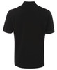 A black polo shirt featuring a collar and short sleeves, with a logo on the back.