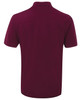A maroon polo shirt featuring a collar and short sleeves, with a branding logo on the back.