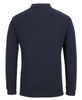 A long-sleeve navy polo shirt with a collar and a pocket on the front. It features a branding logo.