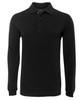 A black long-sleeve polo shirt with a three-button placket and a collar. Features a logo on the chest.