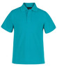 A turquoise polo shirt with a collared neckline and short sleeves. It features a button placket and a logo.