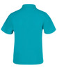 A turquoise polo shirt with short sleeves and a collar, featuring a logo on the front.