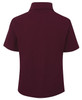 A maroon kids' short-sleeved polo shirt with a collar and an indistinct logo on the back.