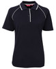 A navy and white ladies' polo shirt featuring a collar, buttons, and a logo.