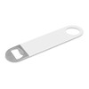 A drink bottle opener in white and grey with a large handle and a circular hole for easy gripping.