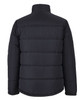 A puffer jacket in black, featuring a quilted design and a high collar. The jacket has a logo on the back.