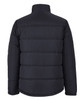 A black puffer jacket featuring a padded design with a high collar and no visible logos on the back.