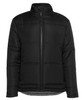 A black and grey puffer jacket featuring a zip front and a high collar, with a logo on the chest.