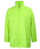 A bright green rain jacket featuring a zip front and a collar, with a logo on one side.