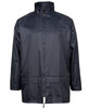 A navy rain jacket featuring a zip front, high collar, and elasticated cuffs. It has a logo on the chest.