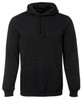 A black hoodie featuring a front pocket and drawstring hood, with a logo present.