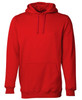 A red hoodie featuring a kangaroo pocket and a classic pullover design, complete with a hood.