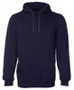 A navy hoodie featuring a front pocket and drawstring hood. The design includes a logo or branding.