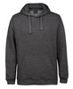 A grey hoodie with a front pocket and drawstring hood. It features a logo on the chest area.