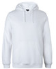 A white hoodie featuring a front pocket and a drawstring hood. The garment has a logo on it.