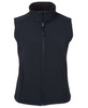 A black softshell vest with a high collar, front zipper, and side pockets, featuring a logo.