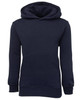 A navy fleecy hoodie with a front pocket and a hood, featuring a branded logo.