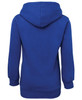 A blue fleecy hoodie featuring a large hood and long sleeves, displaying a logo on the back.