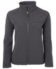 A softshell jacket in dark grey with a high collar and zip front, featuring a logo on the chest.