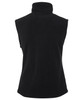 A black polar vest with a high collar, featuring a smooth, soft texture. The back view showcases its sleeveless design.