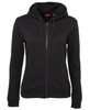 A black ladies' full zip hoodie featuring a hood and front pockets, with a logo on the garment.