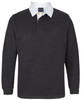 A dark grey polo shirt with a white collar and a logo on the chest. Long sleeves and a classic design.