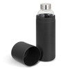 A drink bottle made of clear glass with a stainless steel lid, presented inside a sleek black packaging tube.