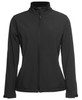 A black three-layer softshell jacket with a zip front and a high collar. It features branding on the fabric.