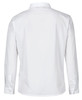 A white long-sleeved button-up shirt with a collar and double-layered design, featuring a logo on the back.