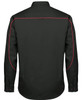 A black long-sleeve button-up shirt featuring red piping along the seams and a simple collar design.