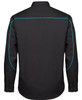 A black long-sleeve button-up shirt with blue piping and a logo on the back.