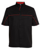 A black and charcoal button-up shirt with red piping and two front pockets, featuring a logo.