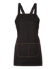 A black denim bib apron featuring a cross-back design and a front pocket. Includes a logo on the fabric.
