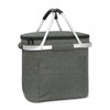 A green cooler basket with a zippered top and silver handles, featuring a front pocket.