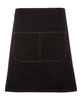 A black denim apron featuring a large front pocket and contrasting stitching. Includes a waist strap.