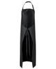 A black vinyl apron featuring an adjustable neck strap and waist ties, with a sleek, modern design.