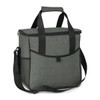 A green cooler bag with a zip closure and sturdy handles, featuring a front pocket and side mesh detail.