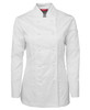 A white long sleeve chef's jacket with a double-breasted design and a logo on the sleeve.