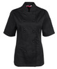 A black ladies' short-sleeve chef's jacket with double-breasted buttons and a single sleeve pocket.