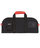 A black and red chef's knife bag featuring dual handles and a small pocket, with a logo on the side.