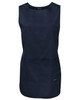 A navy smock with a simple sleeveless design and two front pockets. Features branding on one side.