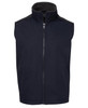 A navy vest with a high collar and zip closure, featuring a soft inner lining and shoulder details.