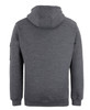 A grey work hoodie featuring a hood and long sleeves, with a logo on one sleeve.