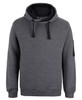 A grey hoodie with a black-lined hood and a sleeve pocket, featuring a logo.