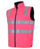 A pink safety vest featuring reflective stripes and a zippered front. It has a high collar and includes a logo.