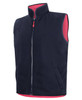 A navy vest with a high collar, featuring a front zipper and pink lining, along with side pockets.